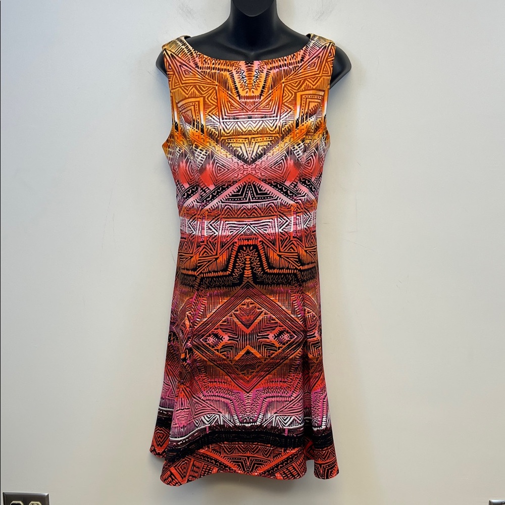 Dress Barn DB Women’s Sleeveless Orange Red Pink Midi Dress Aztec Pattern Sz 12